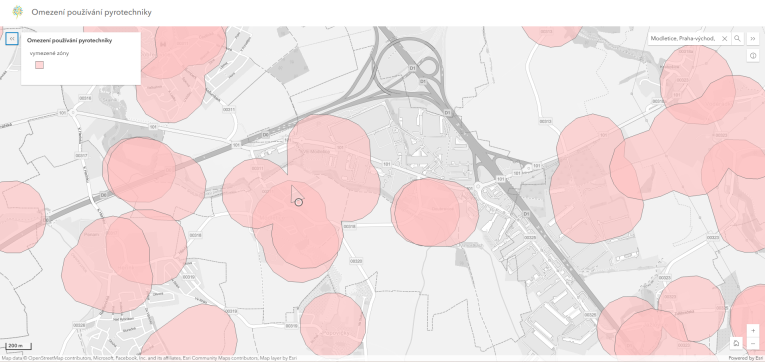 Omezení pyrotechniky mapa - Modletice